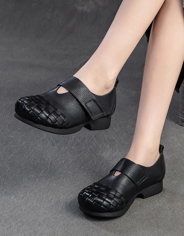 Spring Soft Leather Woven Wide Toe Box Flat Shoes