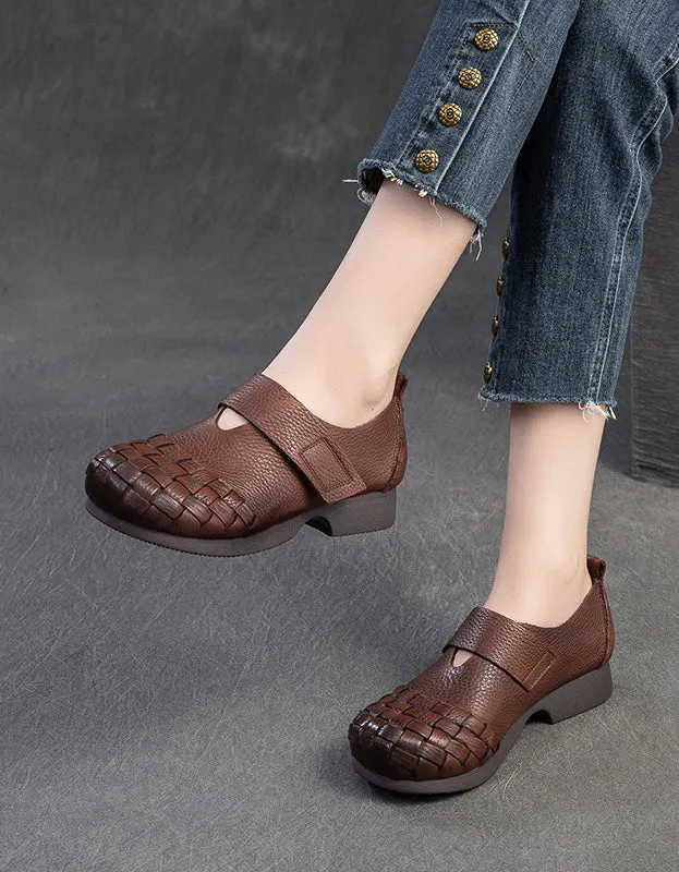 Spring Soft Leather Woven Wide Toe Box Flat Shoes