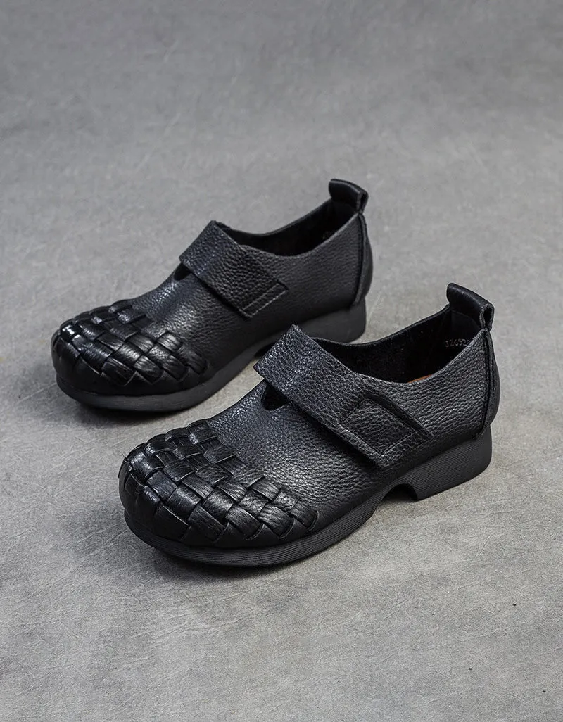 Spring Soft Leather Woven Wide Toe Box Flat Shoes