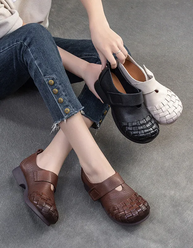 Spring Soft Leather Woven Wide Toe Box Flat Shoes