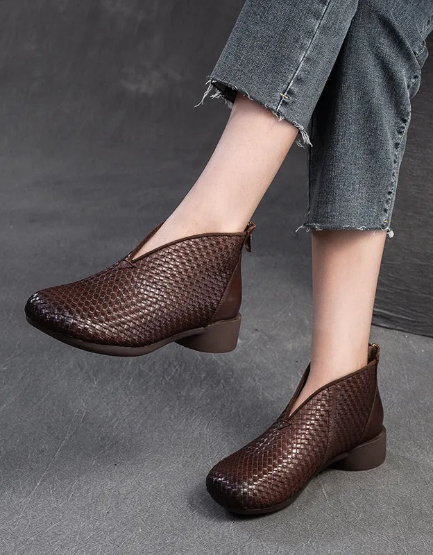Spring Soft Soles Leather Woven Retro Flat Shoes