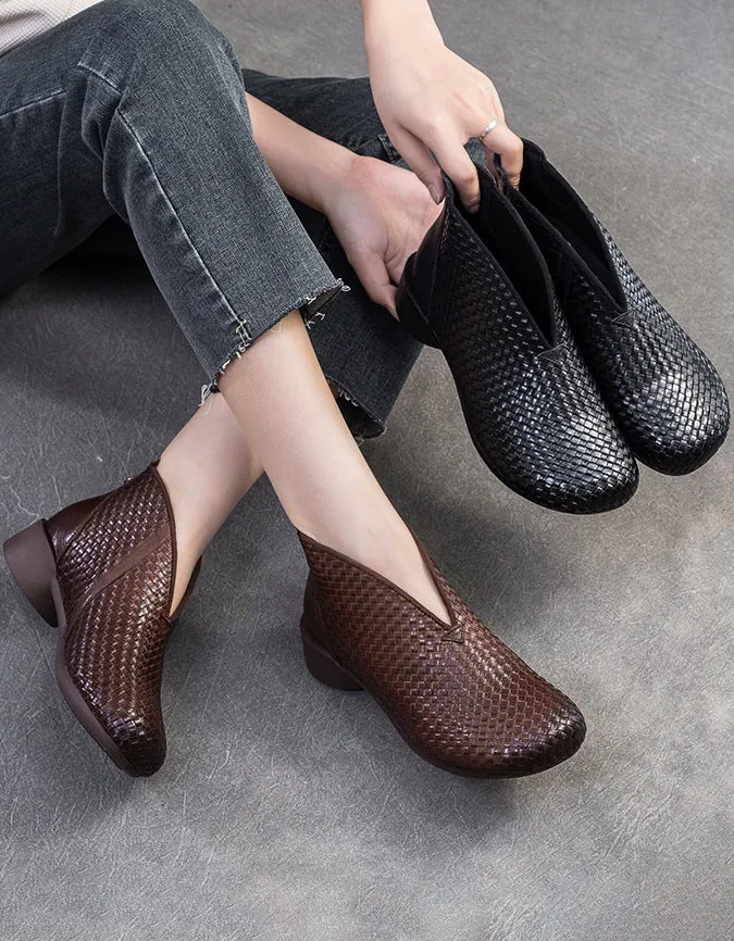 Spring Soft Soles Leather Woven Retro Flat Shoes