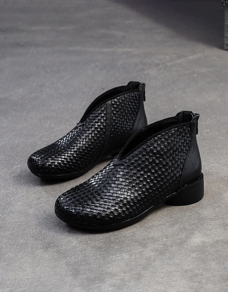 Spring Soft Soles Leather Woven Retro Flat Shoes
