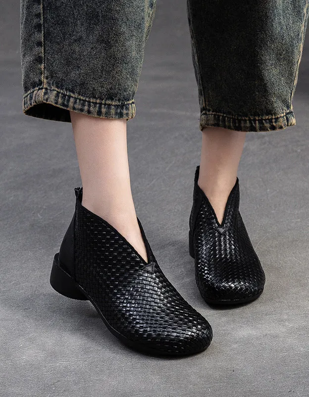Spring Soft Soles Leather Woven Retro Flat Shoes
