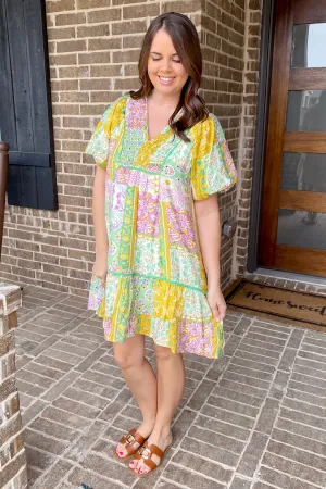Sunset Fling Boho Green Print Dress