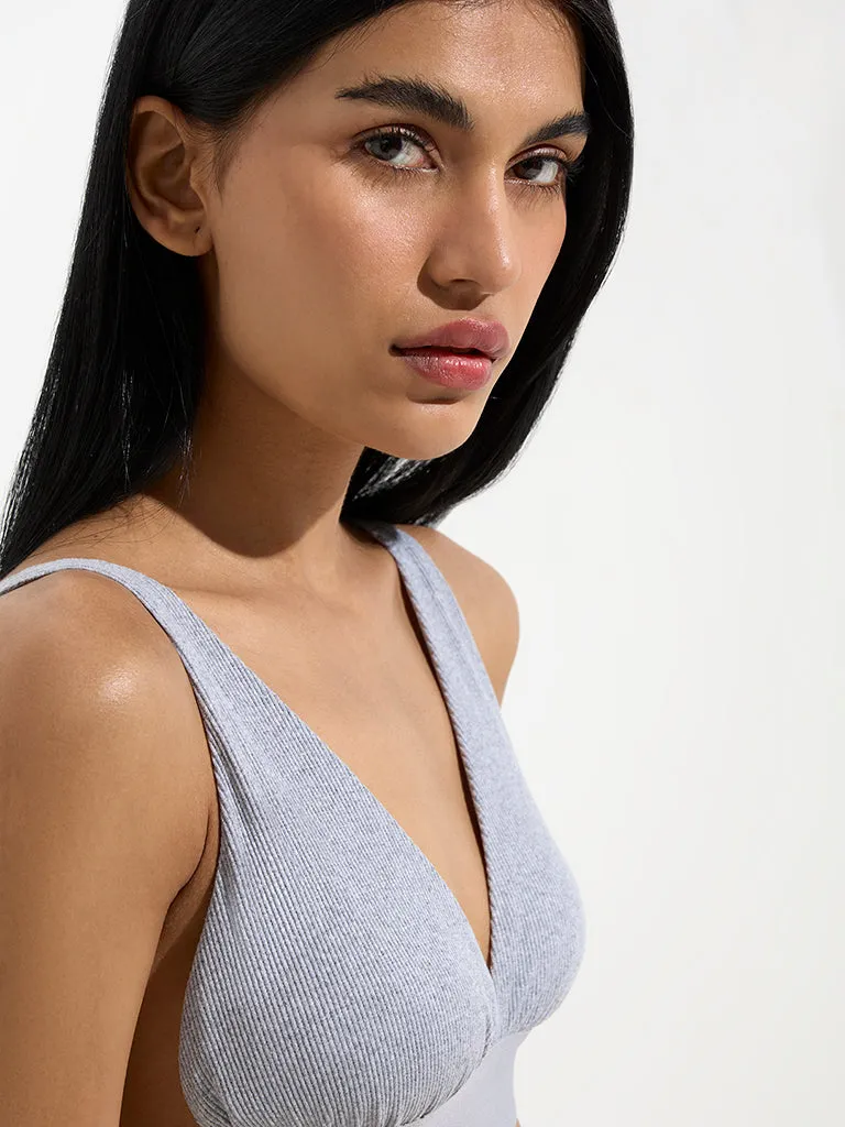 Superstar Grey Ribbed Padded Cotton-Blend Bra