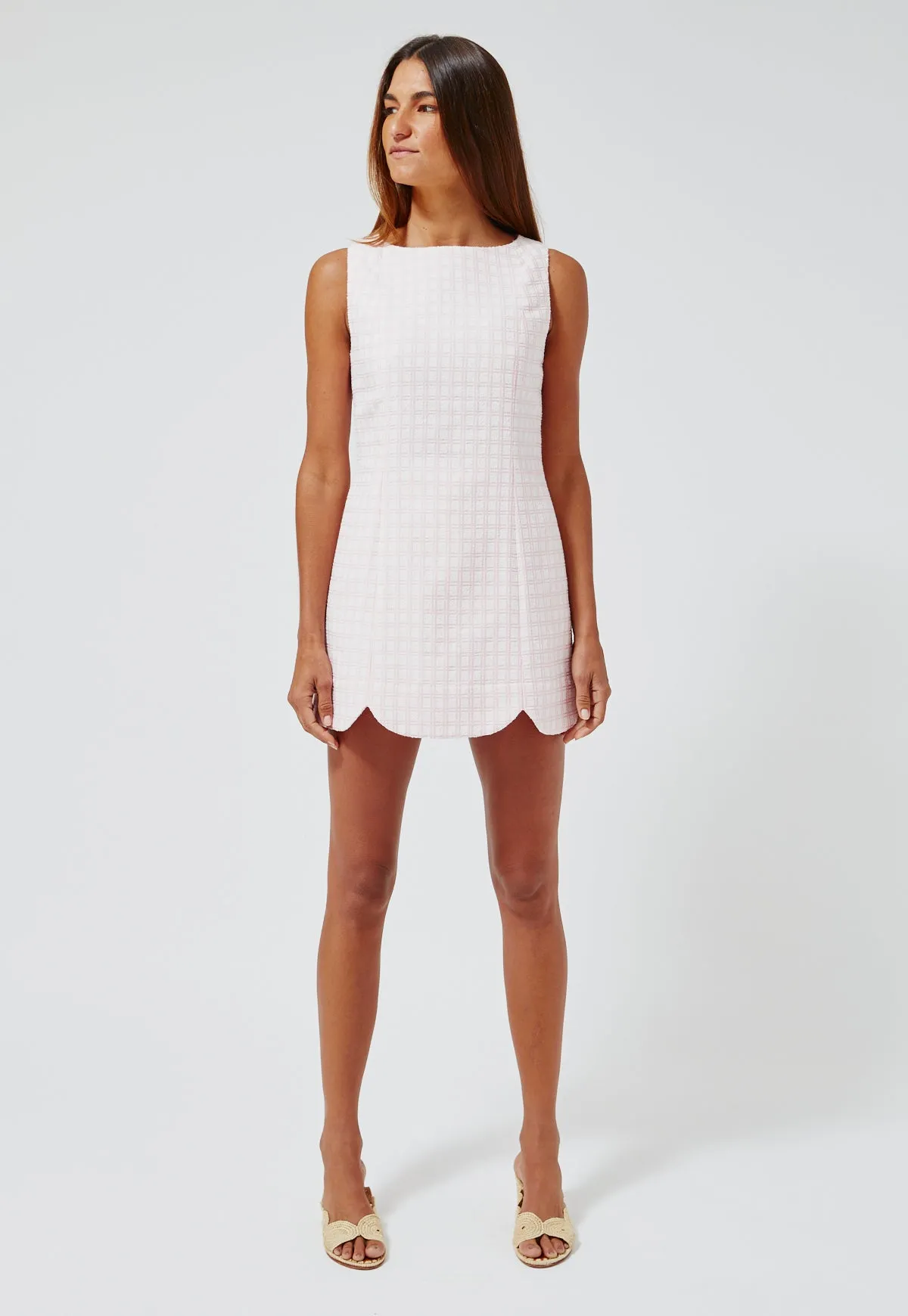 THE SCALLOP MINI DRESS w/shorts in PINK CHECK BOUCLE COTTON