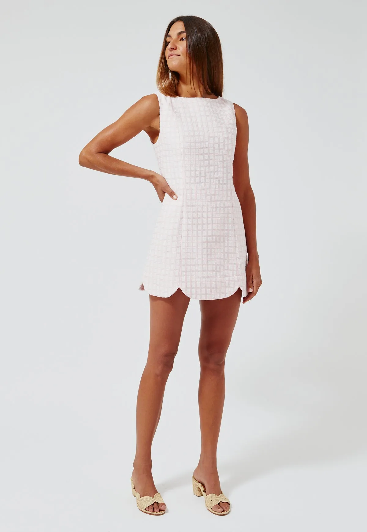 THE SCALLOP MINI DRESS w/shorts in PINK CHECK BOUCLE COTTON