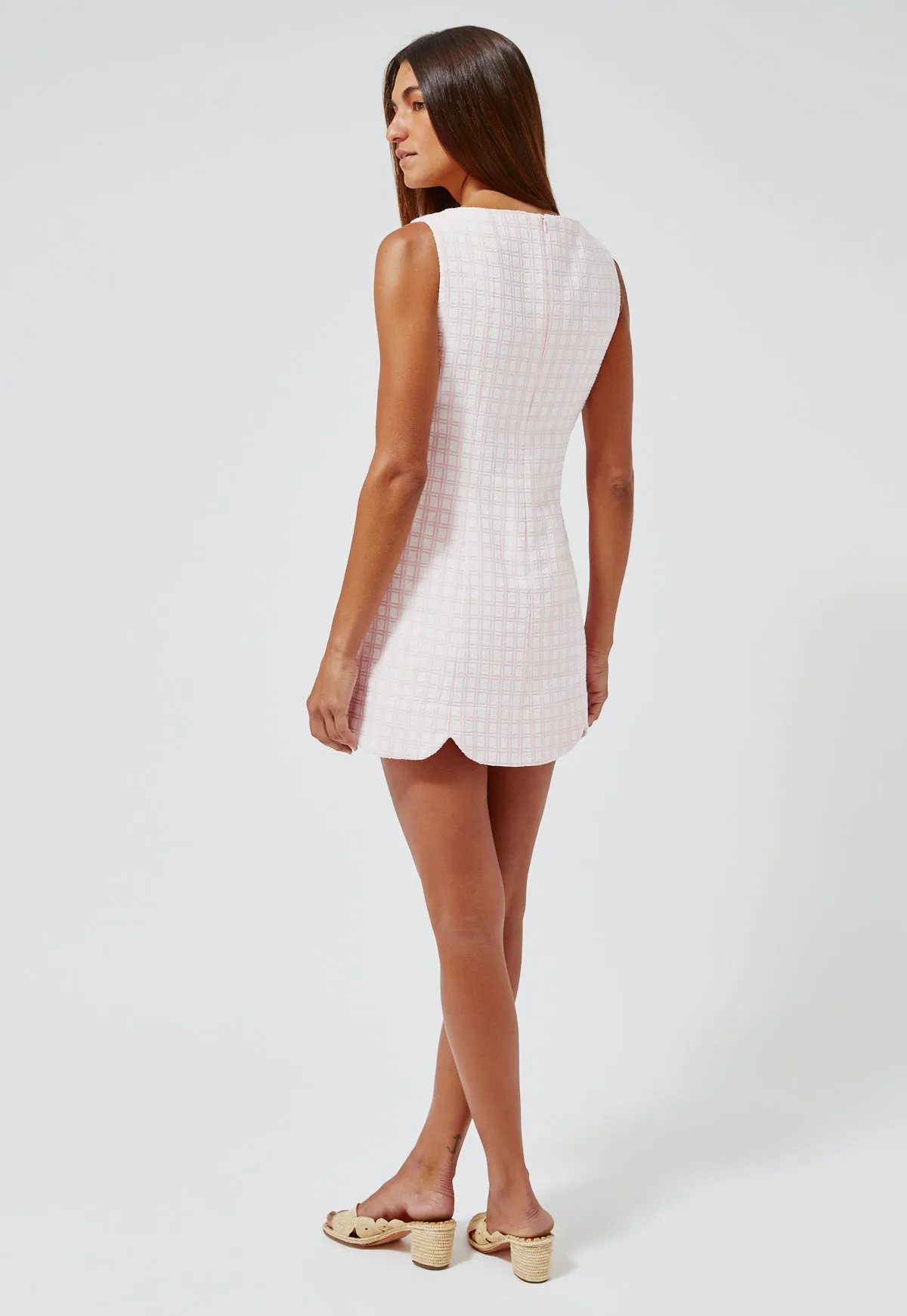THE SCALLOP MINI DRESS w/shorts in PINK CHECK BOUCLE COTTON