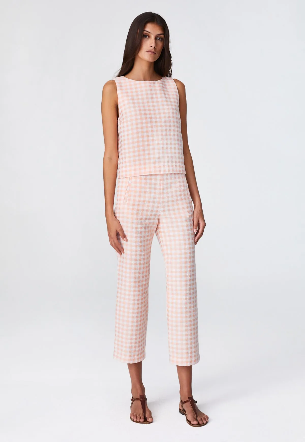 THE SLEEVELESS SHIFT TOP in CORAL GINGHAM BOUCLE COTTON