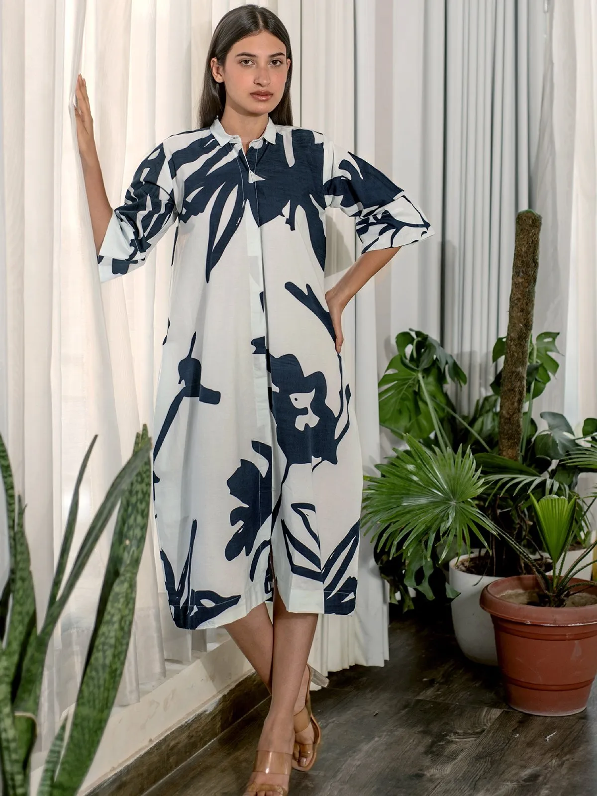 White Floral Print Shirt Dress