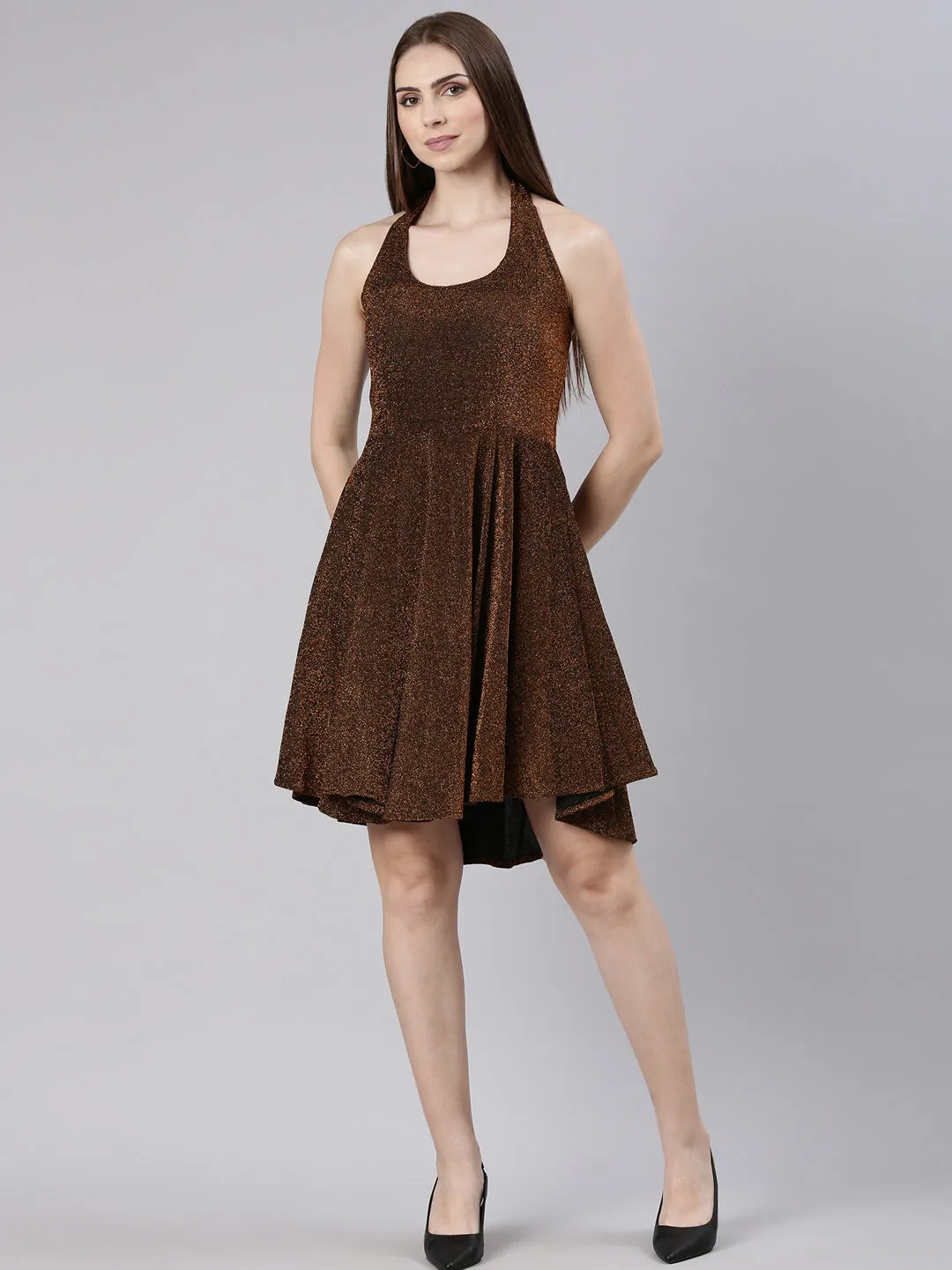 Women Copper Sleeveless Fit & Flare Dress
