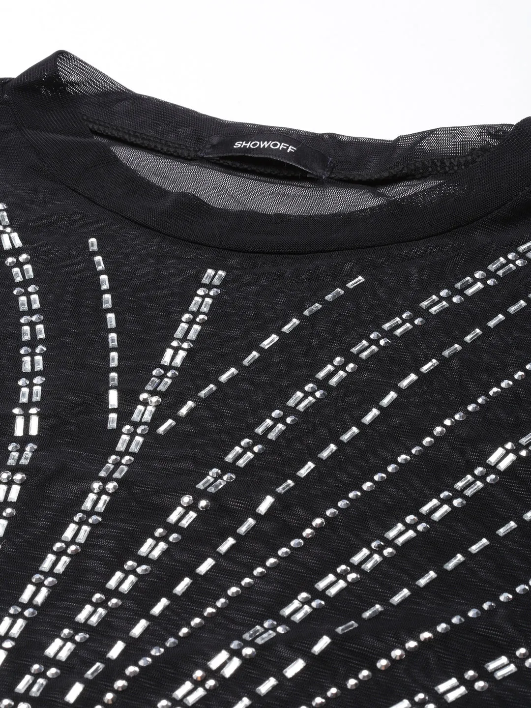 Women Embellished Black Sheer Crop Top