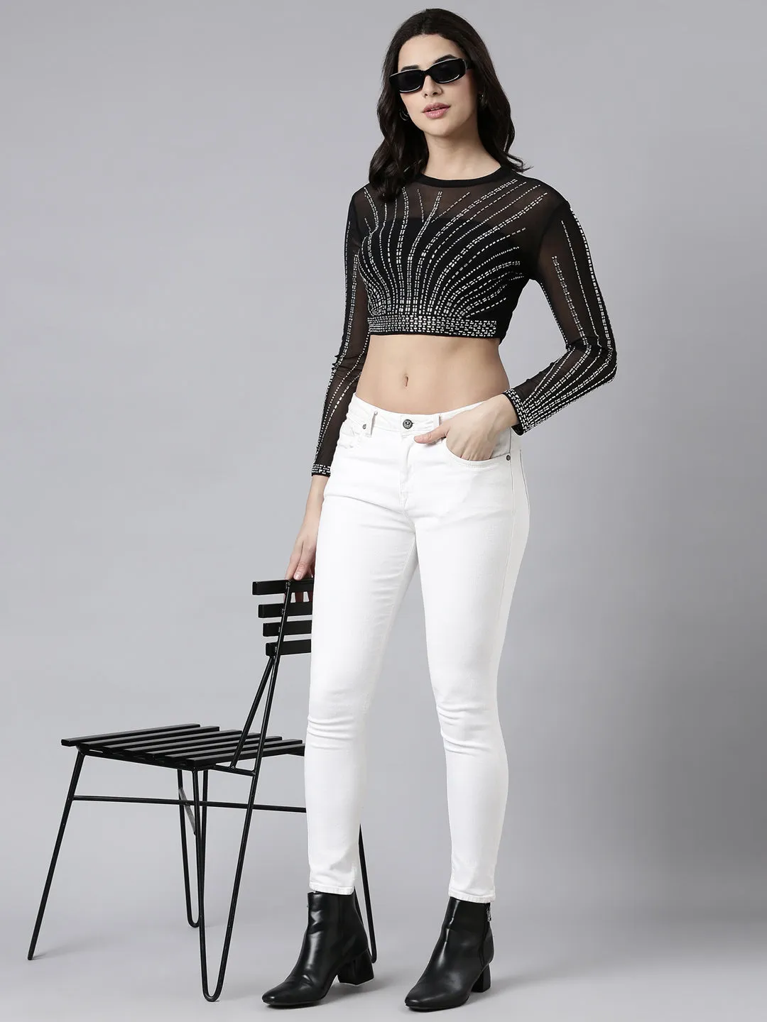 Women Embellished Black Sheer Crop Top