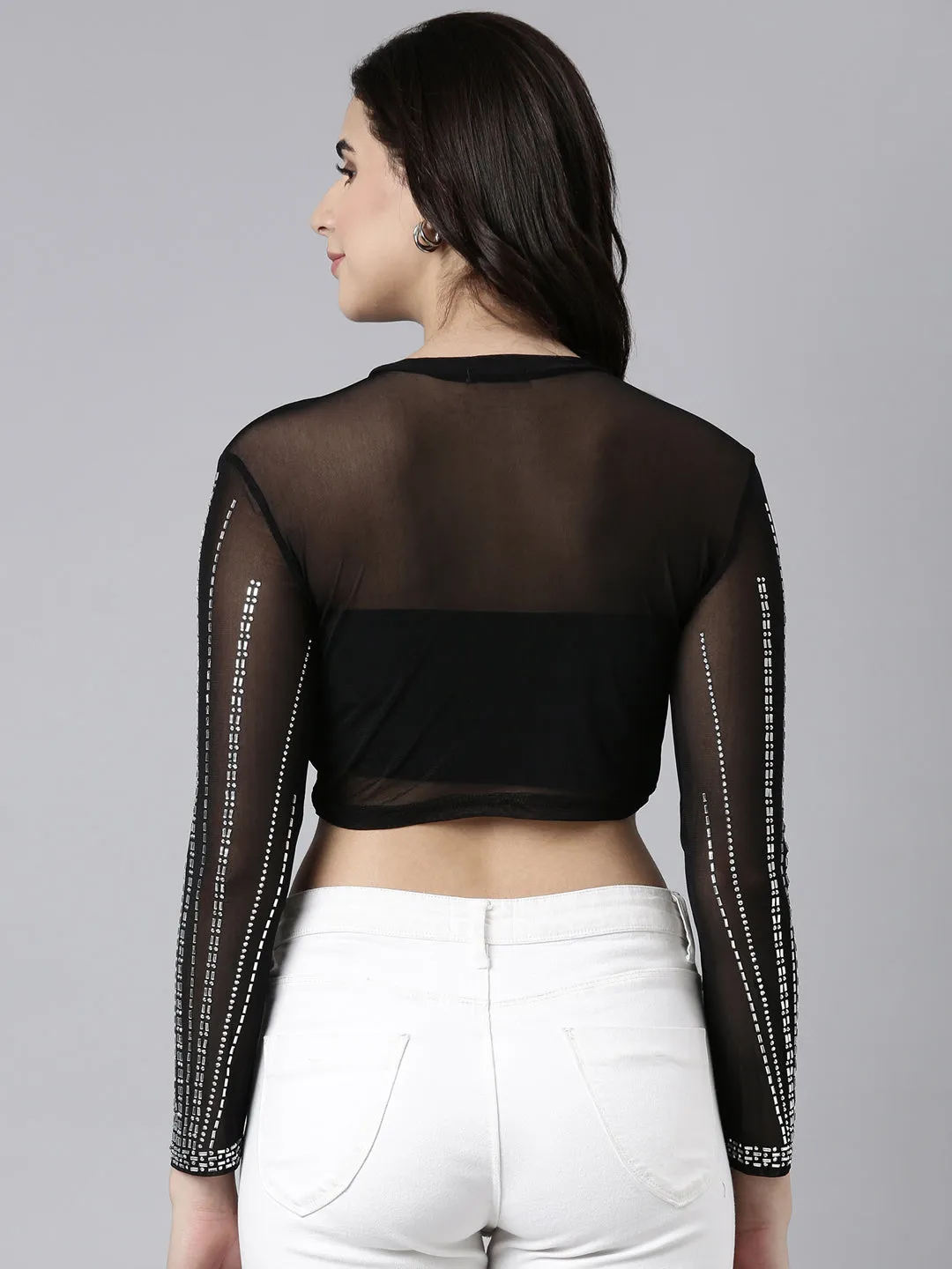 Women Embellished Black Sheer Crop Top