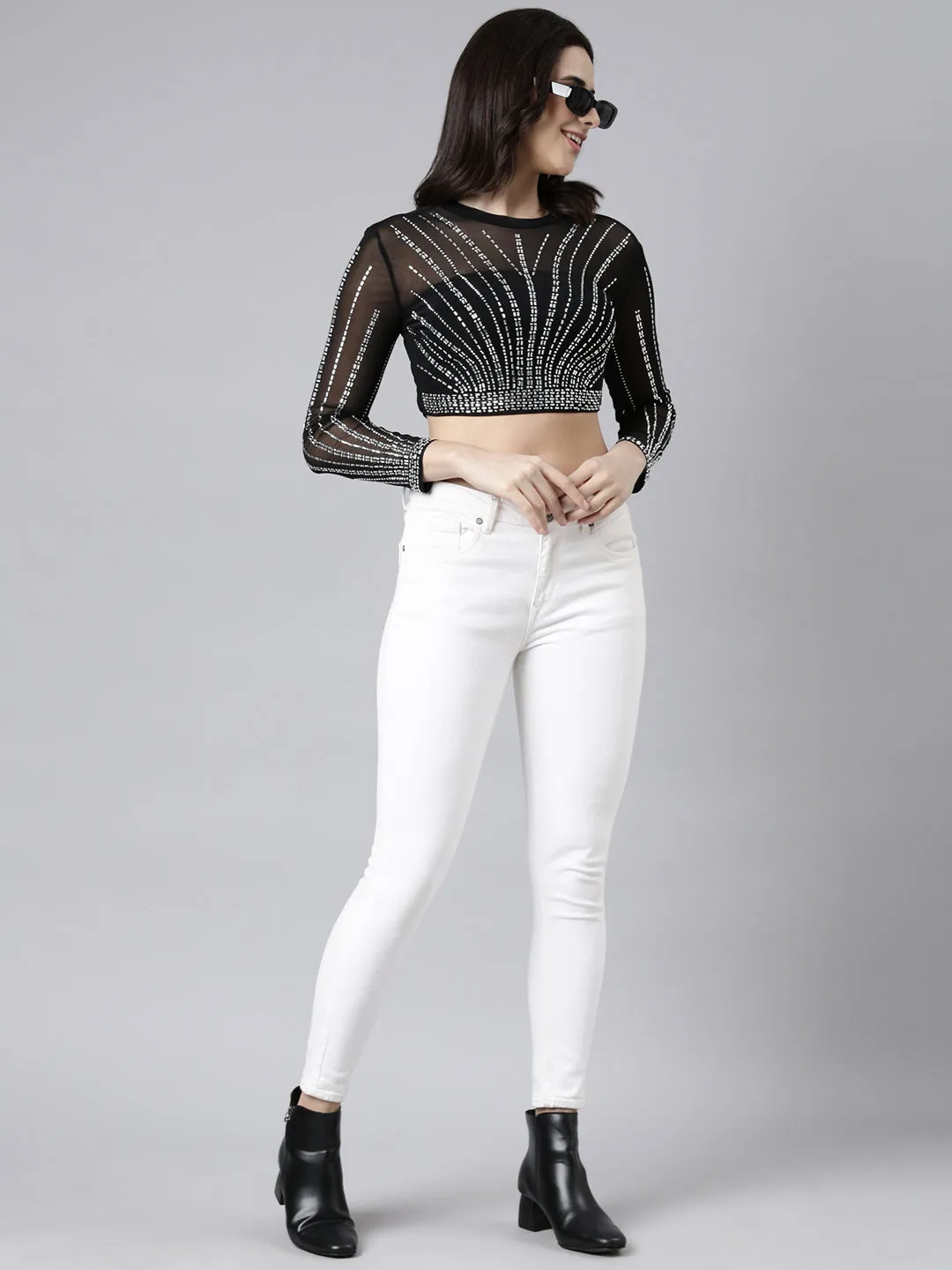 Women Embellished Black Sheer Crop Top