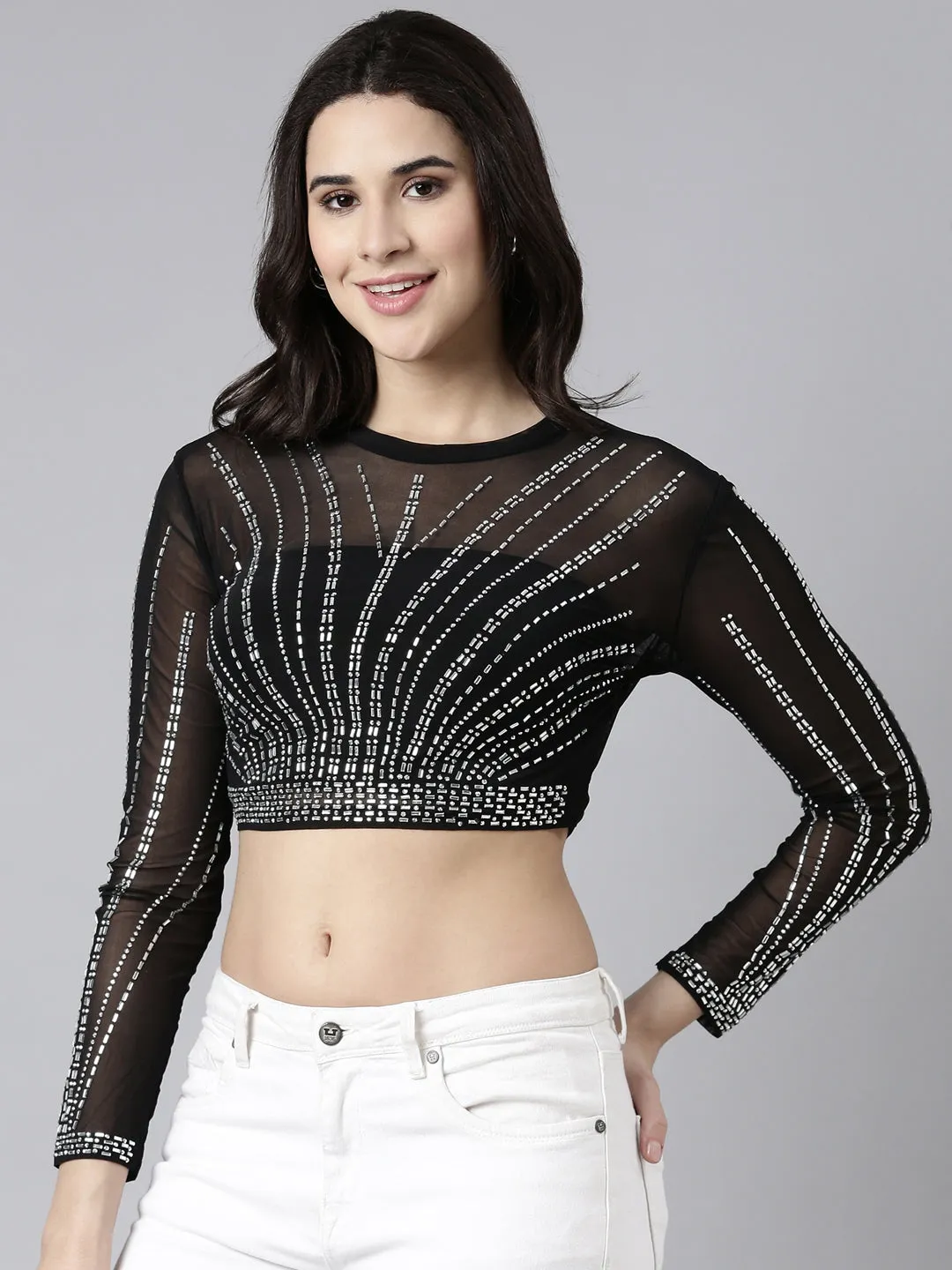Women Embellished Black Sheer Crop Top