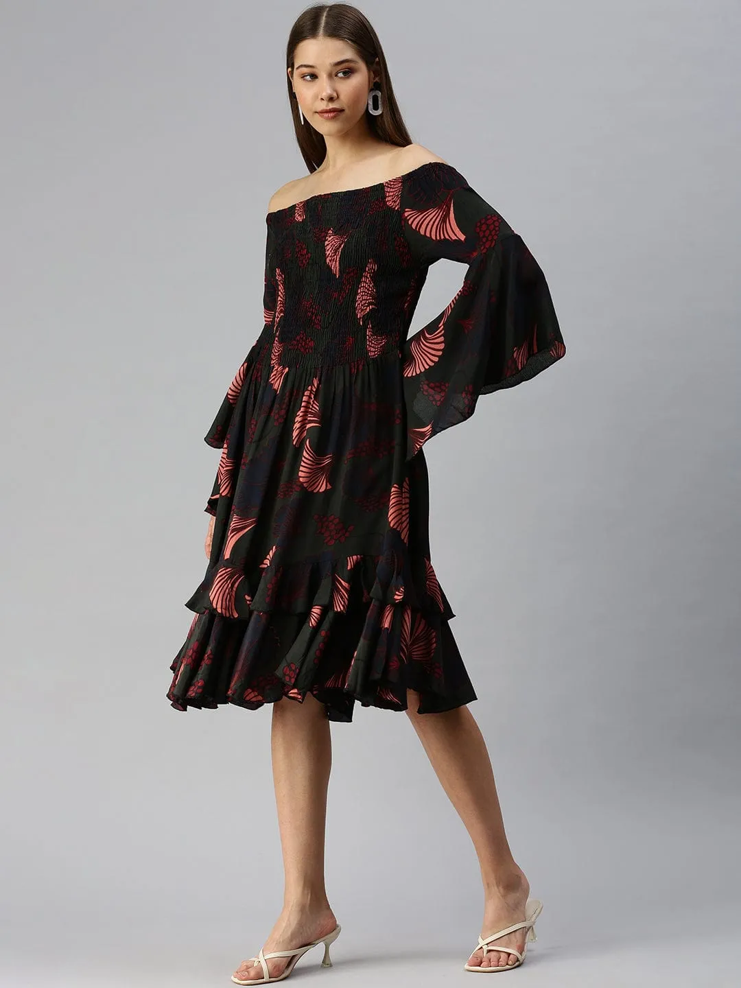 Women Green Floral Off-Shoulder A-Line Midi Dress