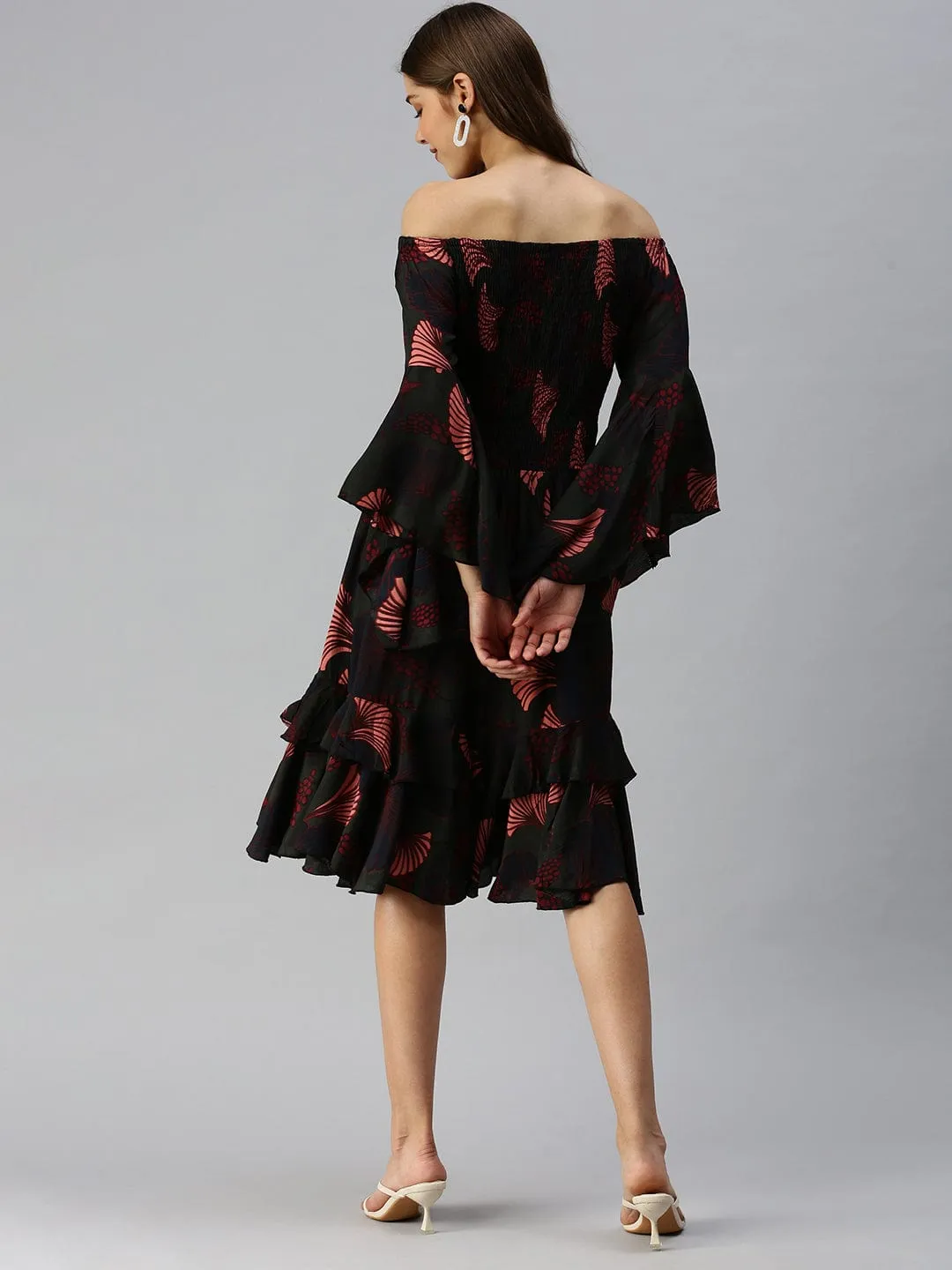 Women Green Floral Off-Shoulder A-Line Midi Dress