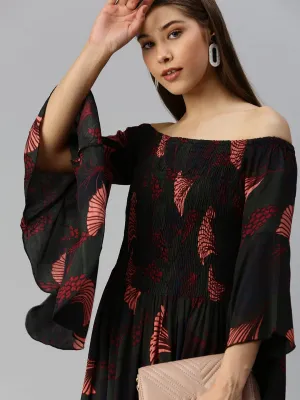 Women Green Floral Off-Shoulder A-Line Midi Dress