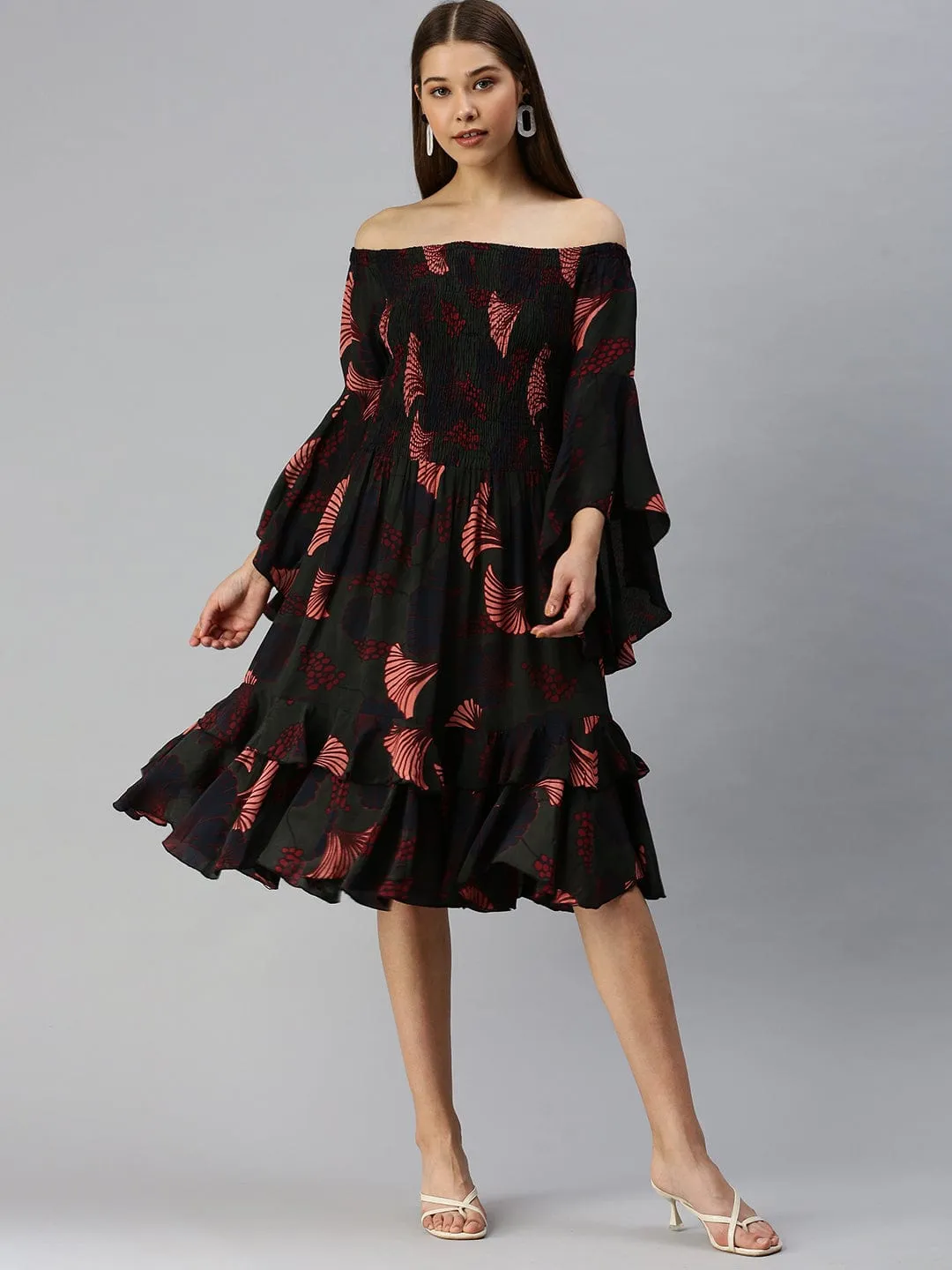 Women Green Floral Off-Shoulder A-Line Midi Dress