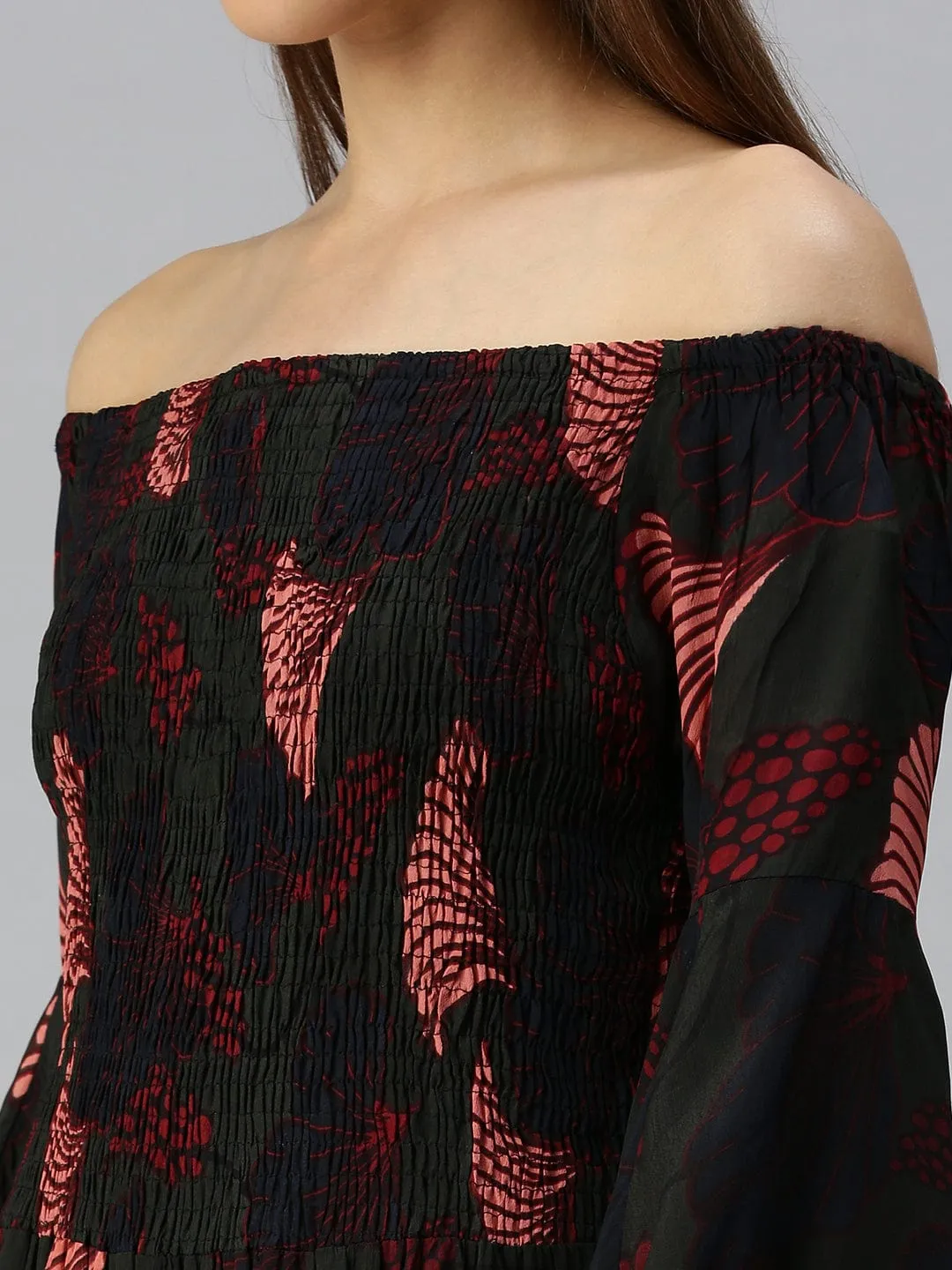 Women Green Floral Off-Shoulder A-Line Midi Dress