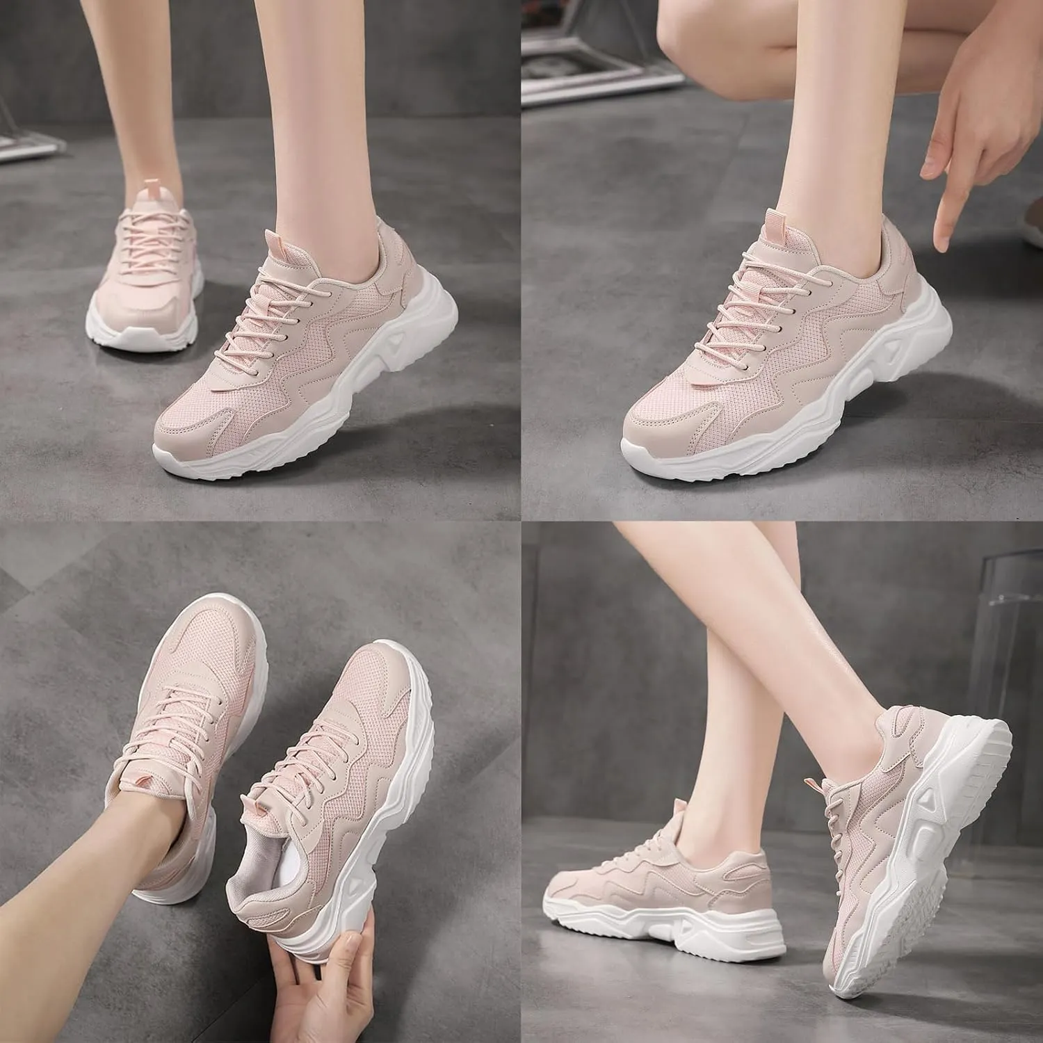 Women's Mesh Lightweight Increasing Running Sneakers Fashion Comfortable Breathable Lace up Soft Sole Non-Slip Walking Casual Sports Shoes Workout Gym Trekking Tennis Sneakers