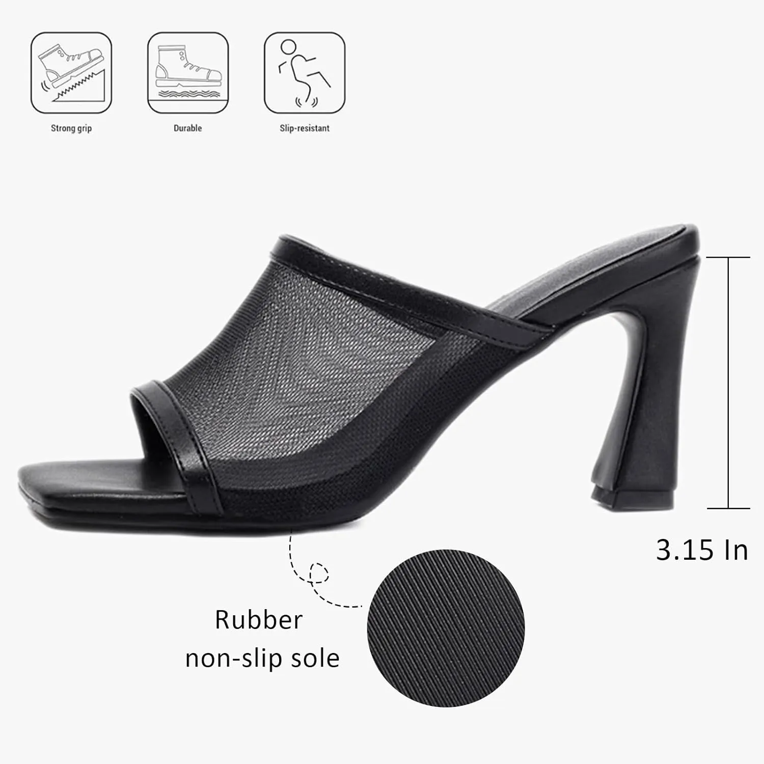 Women's Mesh Square Open Toe Kitten Heel Mule Sandals Sexy Backless Comfortable Chunky Heel Slip on Sandals Summer Dress Party Prom Wedding Shoes