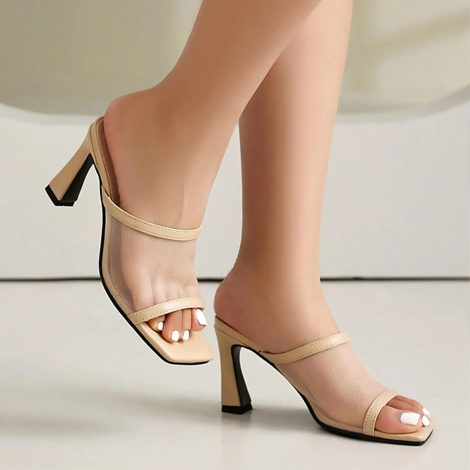 Women's Mesh Square Open Toe Kitten Heel Mule Sandals Sexy Backless Comfortable Chunky Heel Slip on Sandals Summer Dress Party Prom Wedding Shoes