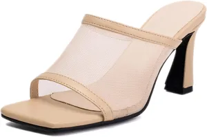Women's Mesh Square Open Toe Kitten Heel Mule Sandals Sexy Backless Comfortable Chunky Heel Slip on Sandals Summer Dress Party Prom Wedding Shoes