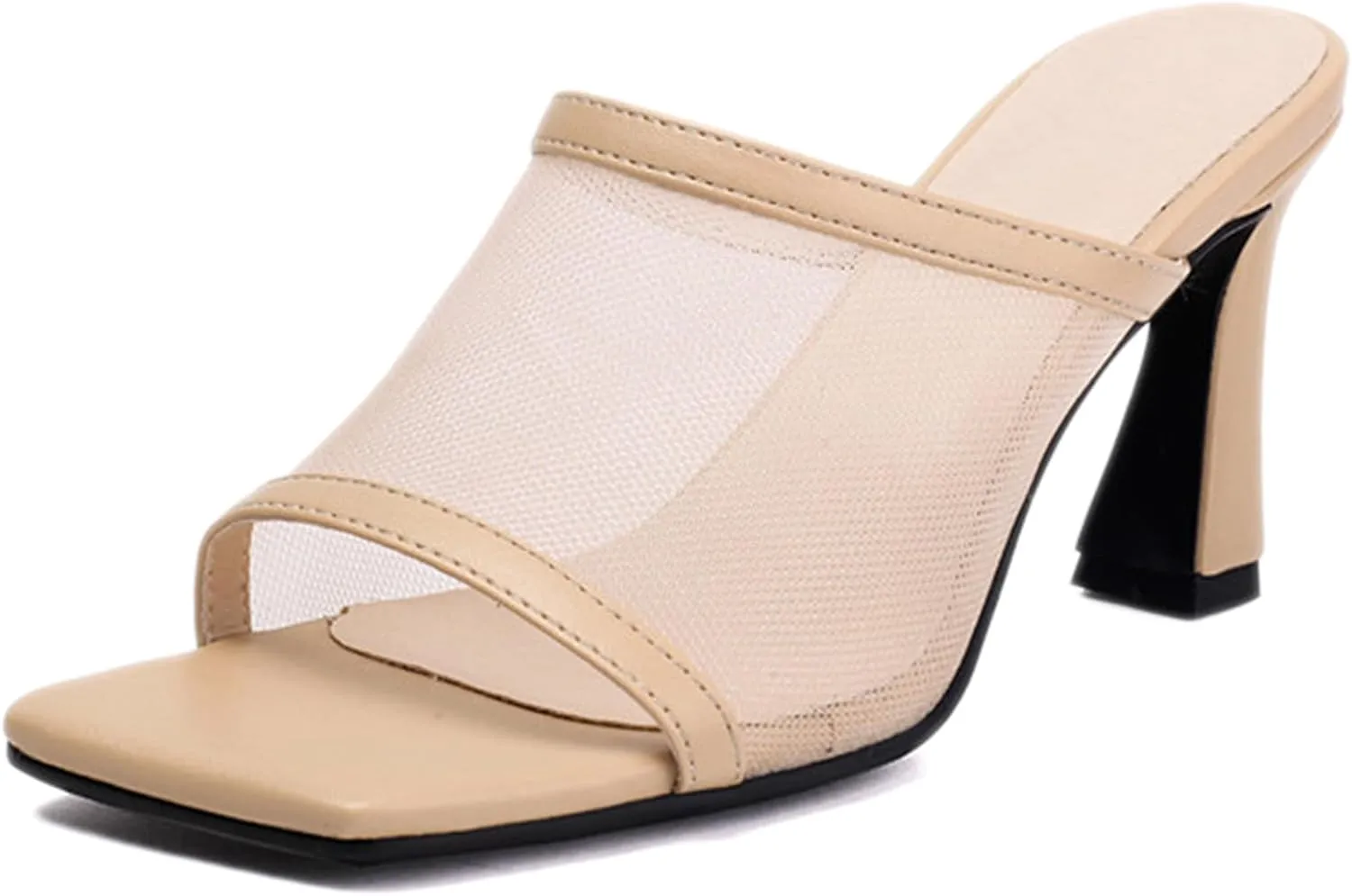 Women's Mesh Square Open Toe Kitten Heel Mule Sandals Sexy Backless Comfortable Chunky Heel Slip on Sandals Summer Dress Party Prom Wedding Shoes